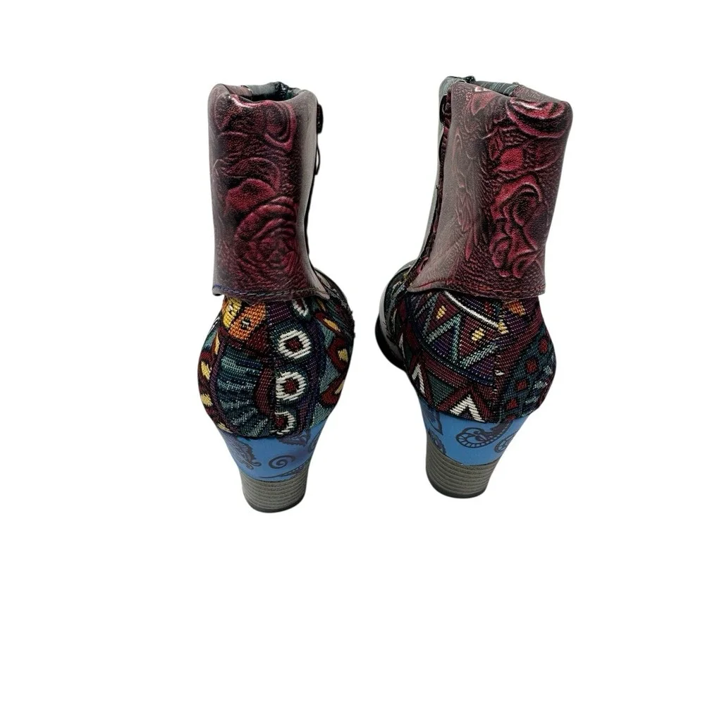 💙Boho🤑‎ Patchwork Ankle Boots Cottagecore Floral Tapestry chunky Heel Fairy 38